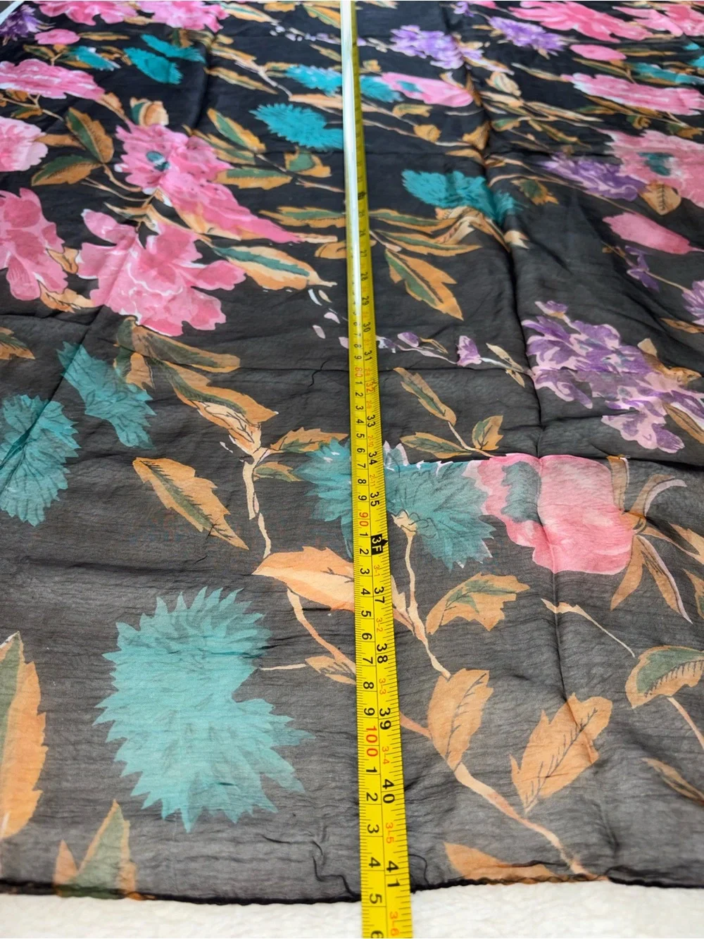 Black Sheer Handmade Scarf with Pink Teal and Purple Floral Design